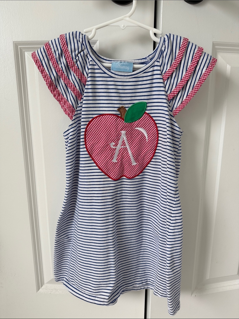 Classic Whimsy Letter “A” Apple Ruffle Sleeve Dress- Girls 4T- Navy/Red/White